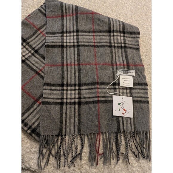 Via Condotti Virgin Wool Scarf Wrap 11.5" x 63" + 3 1/4" Trim Check Plaid - Picture 1 of 7